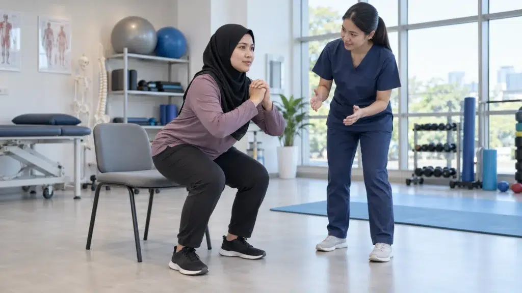 Postur Semasa Bersenam: Teknik Lebih Selamat untuk Kurangkan Risiko Kecederaan 36 Fisioterapis membimbing variasi squat ke kerusi mengikut kemampuan individu.