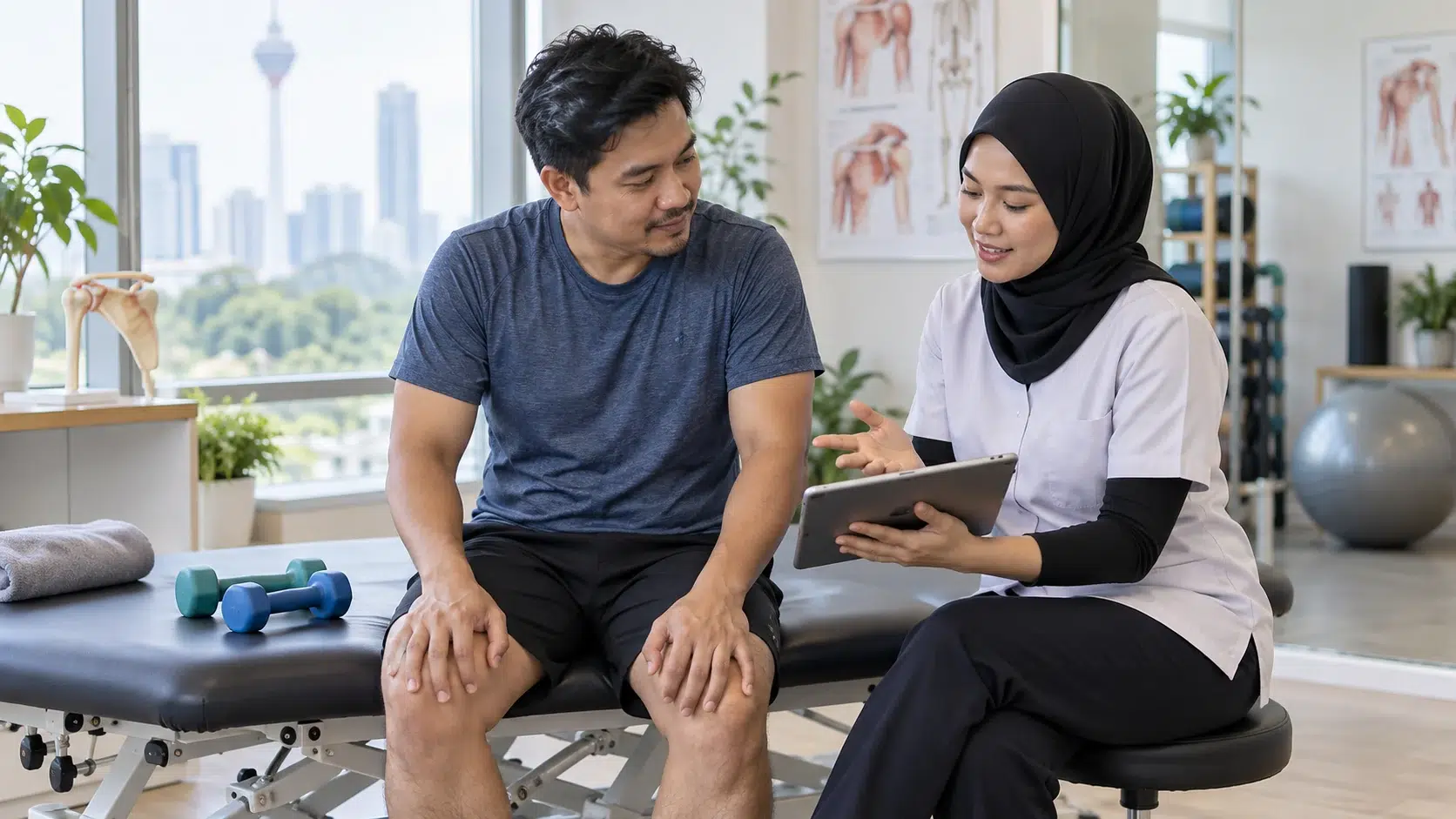 Peranan Senaman Kekuatan untuk Sakit Bahu 4 Fisioterapis dan seorang dewasa berbincang tentang progres beban bahu.