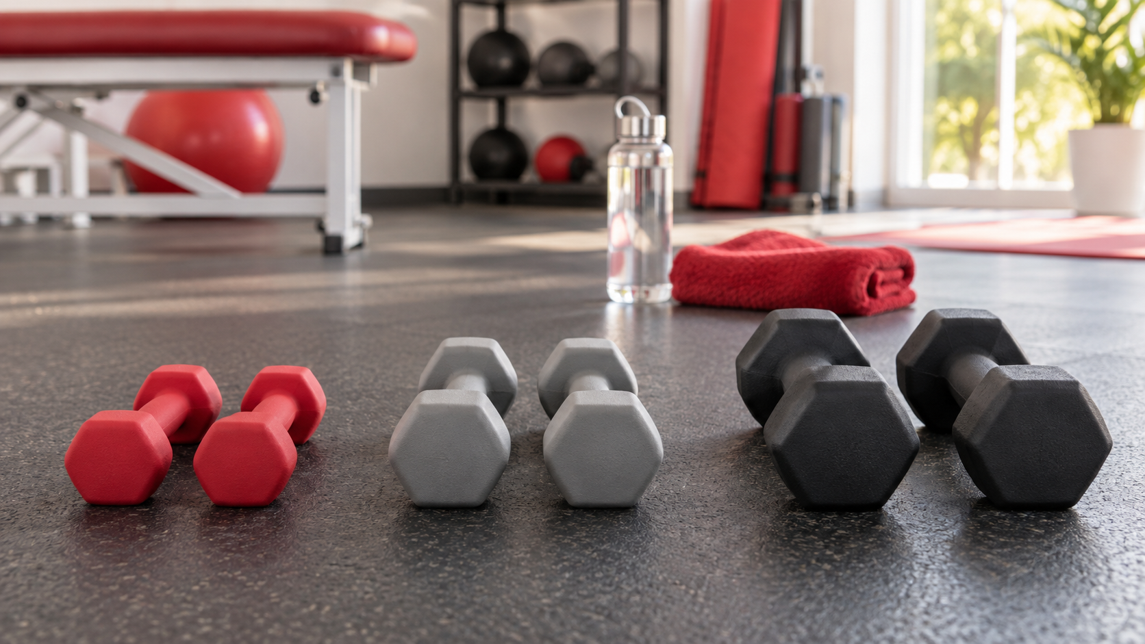 Senaman Kekuatan: Panduan Selamat untuk Pemula 3 Tiga pasang dumbbell daripada saiz ringan hingga sederhana disusun di atas lantai gim.