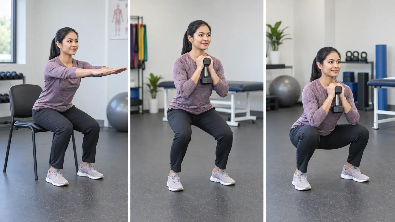Postur Semasa Bersenam: Teknik Lebih Selamat untuk Kurangkan Risiko Kecederaan 2 Contoh progres latihan squat secara berperingkat daripada tanpa beban kepada rintangan ringan.