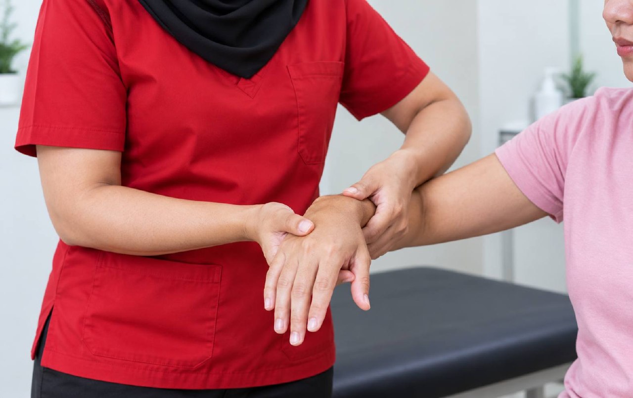 Sakit Pergelangan Tangan: Adakah Carpal Tunnel Syndrome? 3 Fisioterapis melakukan rawatan manual pada pergelangan tangan pesakit
