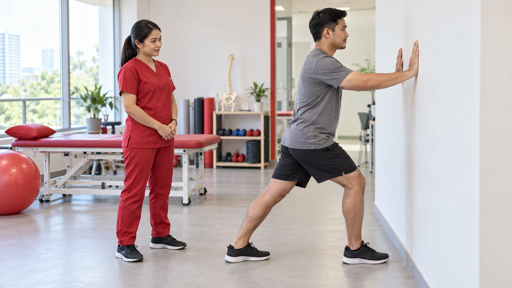 Tapak Kaki Rata: Bila Normal dan Bila Perlu Rawatan? 3 Lelaki melakukan regangan betis pada dinding dengan tumit belakang rata sementara petugas memerhati.