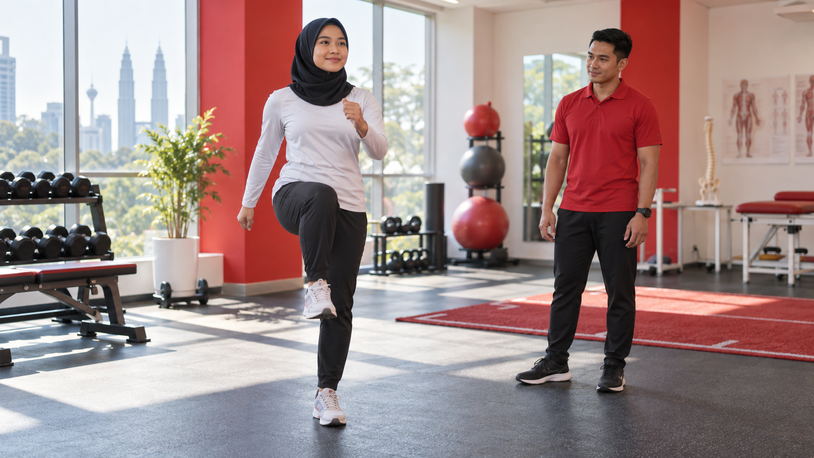 Lutut Berbunyi Tapi Tidak Sakit: Normal atau Perlu Diperiksa? 3 Wanita melakukan knee lift terkawal sebagai pemanasan dinamik