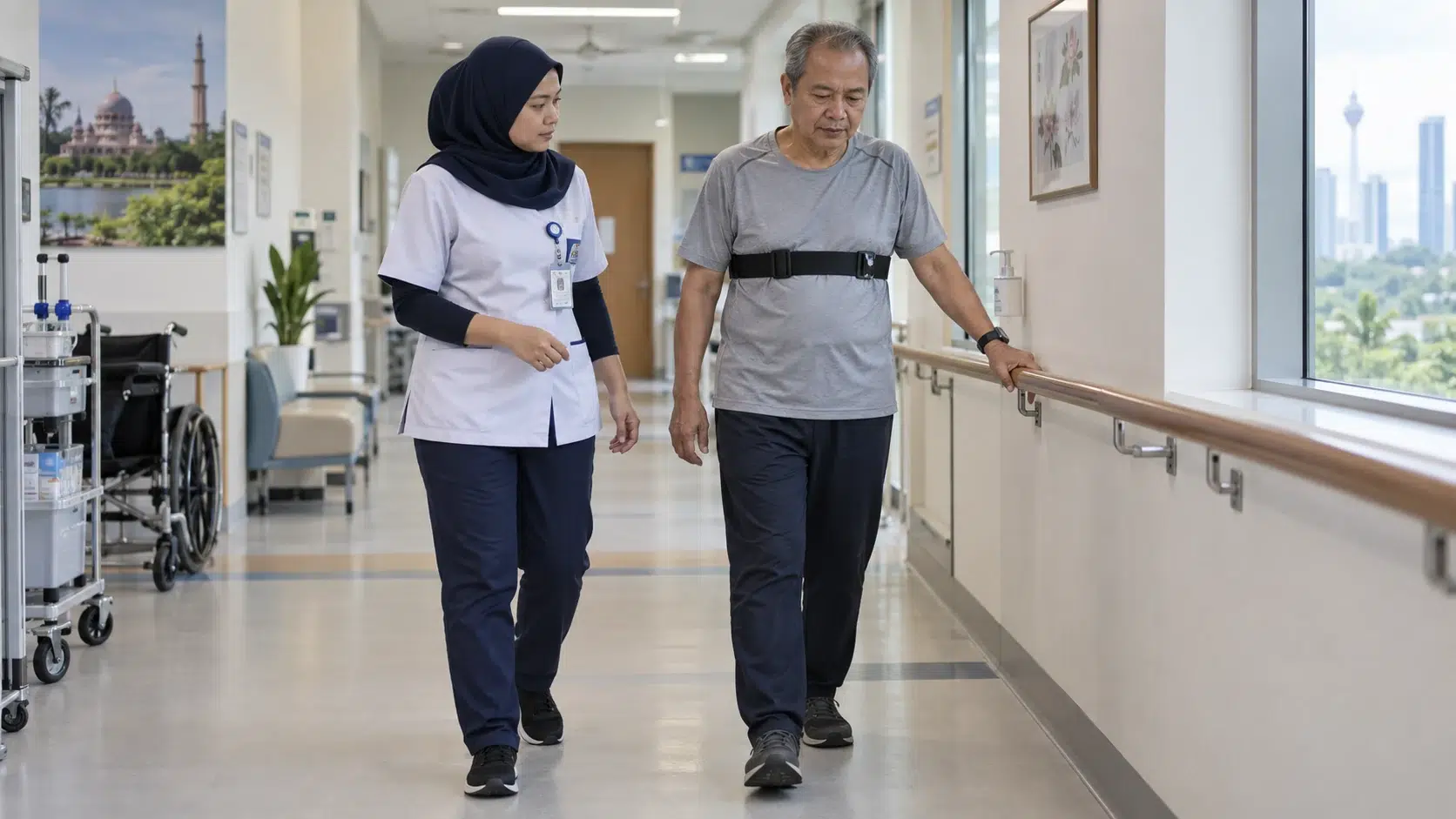 Sesak Nafas: Tanda Bahaya, Langkah Selamat dan Peranan Fisioterapi 3 Fisioterapis mengawasi seorang dewasa berjalan perlahan dalam program kardiorespiratori.