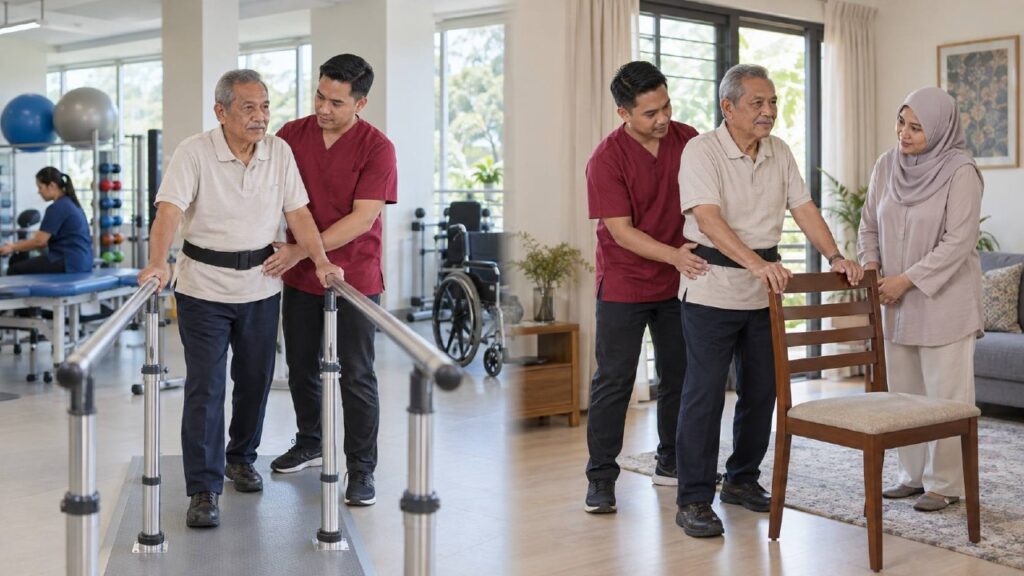 Gambar komposit menunjukkan lelaki berusia berlatih berjalan di palang selari dan berlatih berdiri di rumah dengan sokongan profesional rehabilitasi dan penjaga.