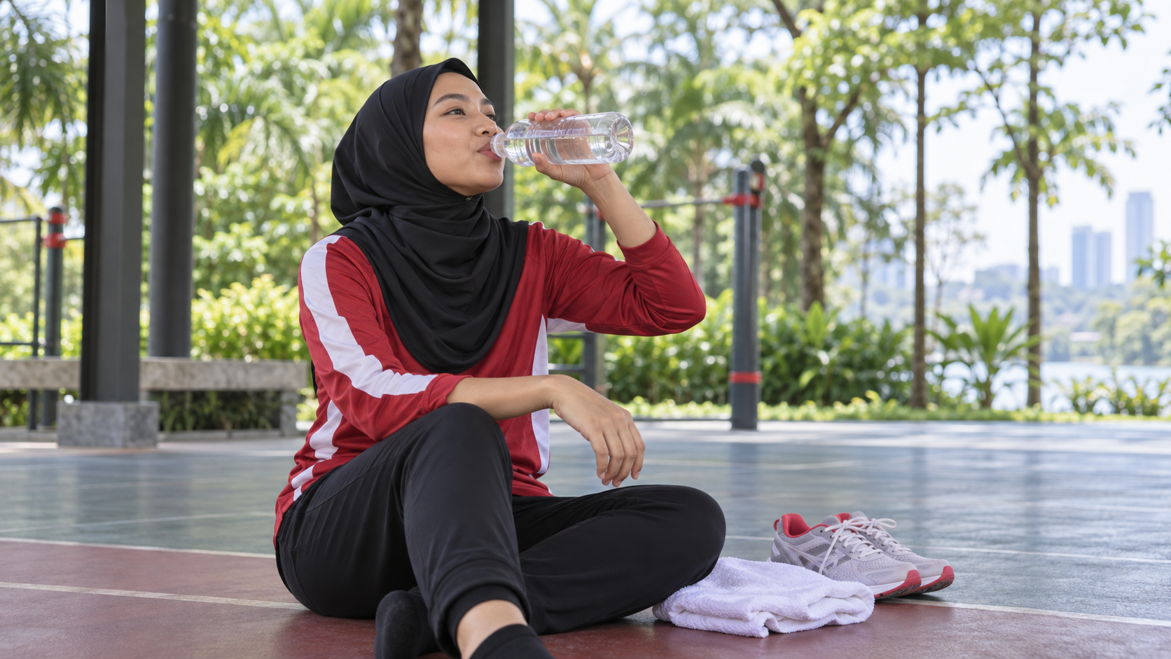 Wanita berehat di kawasan berbumbung sambil minum air selepas aktiviti fizikal.