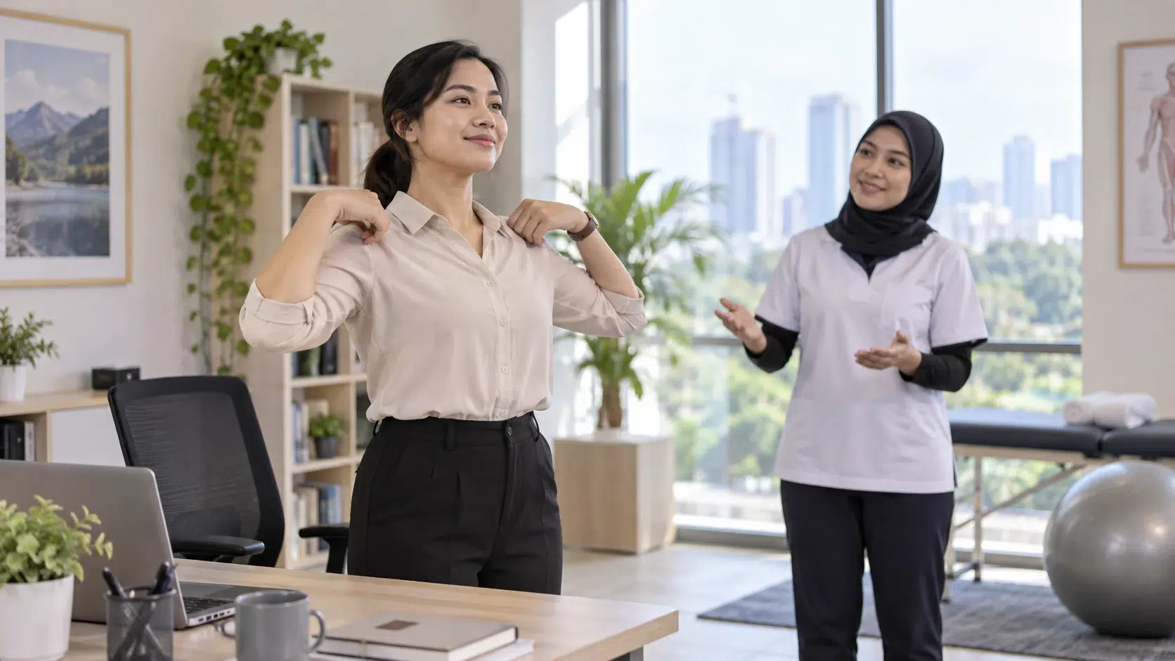 Sakit Leher dan Otot Tegang: Punca, Tanda Bahaya dan Rawatan 4 Seorang dewasa mengambil rehat pergerakan dan melonggarkan bahu di sebelah meja kerja.