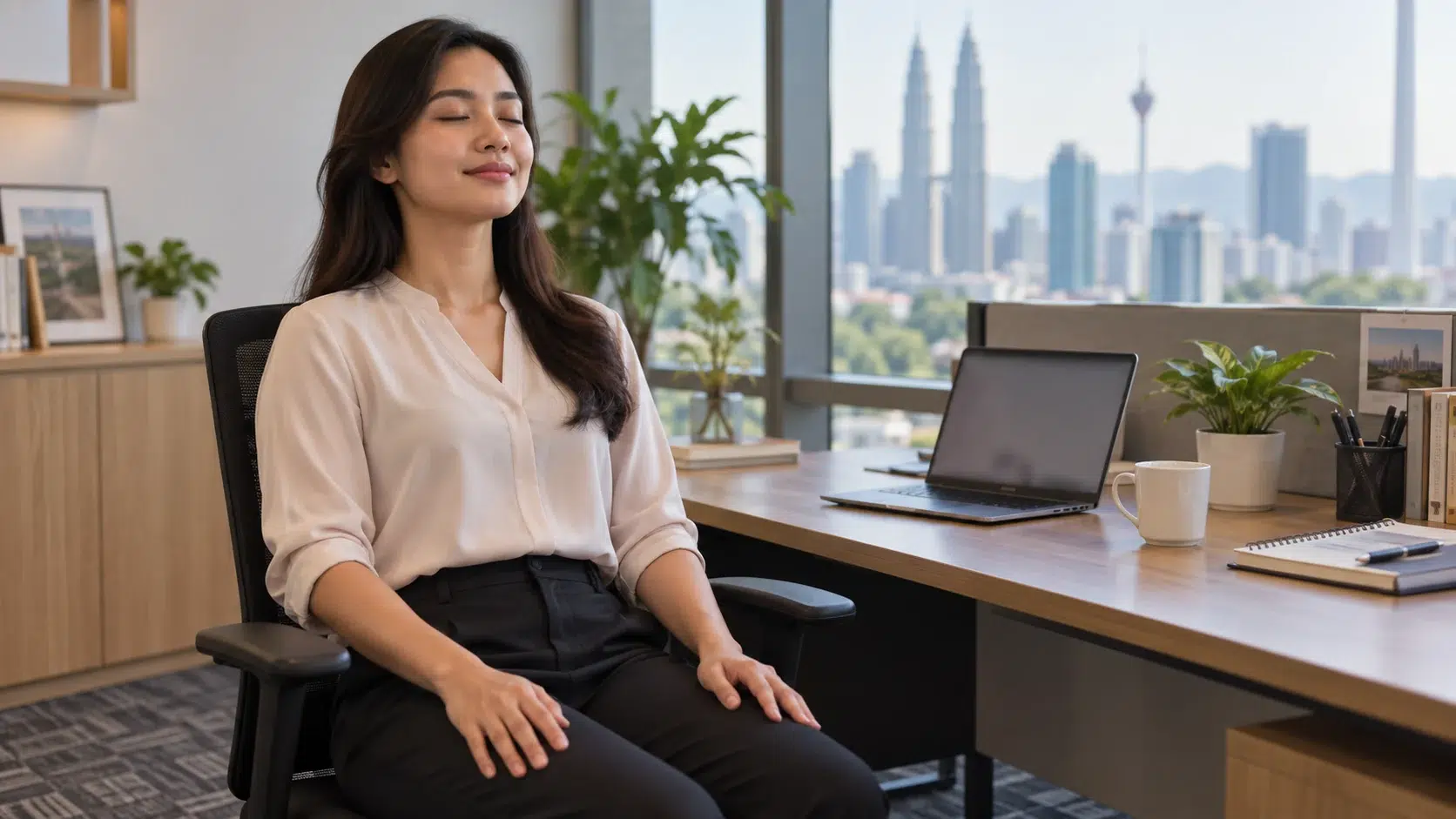 Sakit Tengkuk Berbulan-bulan Sampai Sakit Kepala: Punca, Rawatan dan Tip 3 Ilustrasi wanita berehat seketika dalam posisi bahu yang selesa di ruang kerja