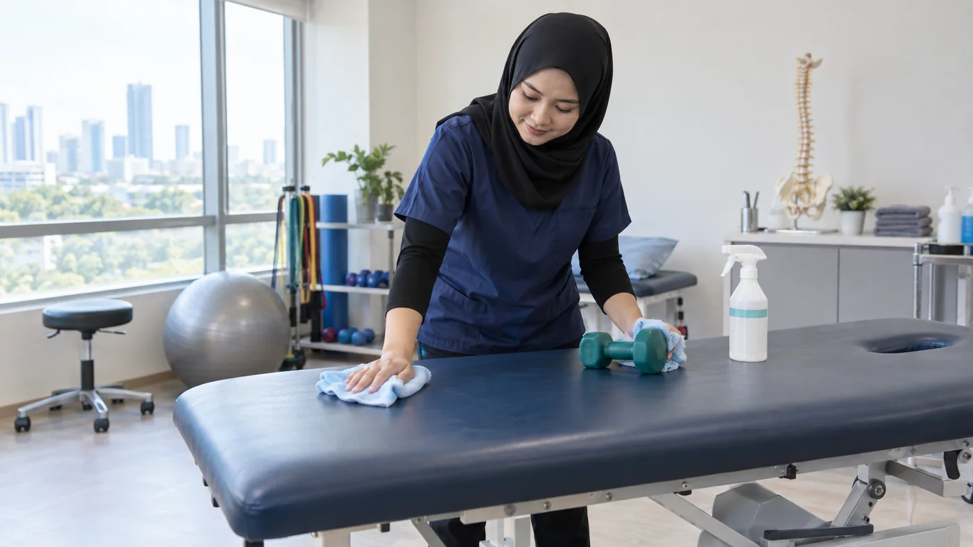 Prevention 5 Female physiotherapist disinfecting a treatment plinth and rehabilitation equipment.