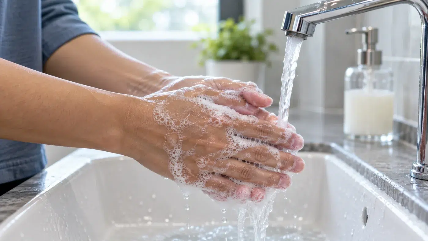 Prevention 2 Adult washing both hands with soap under running water.