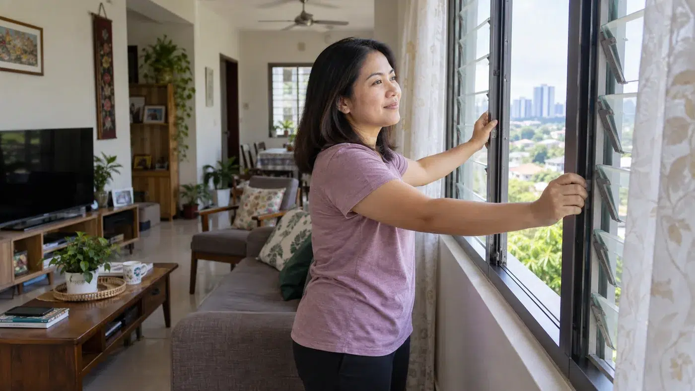 Prevention 1 Malaysian adult opening windows to improve ventilation at home.