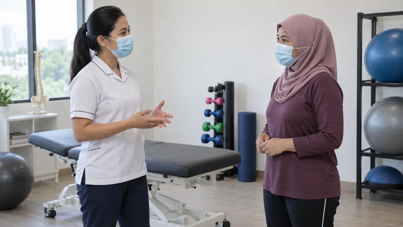 Prevention 4 Female physiotherapist and female patient wearing masks while discussing a clinic session.