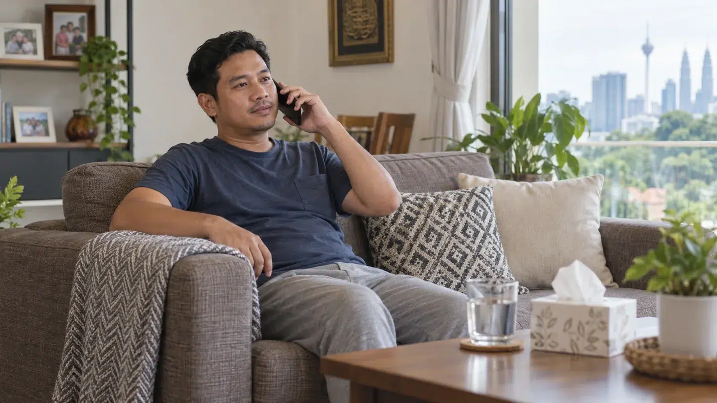 Prevention 3 Malaysian adult resting at home while contacting a healthcare service by phone.