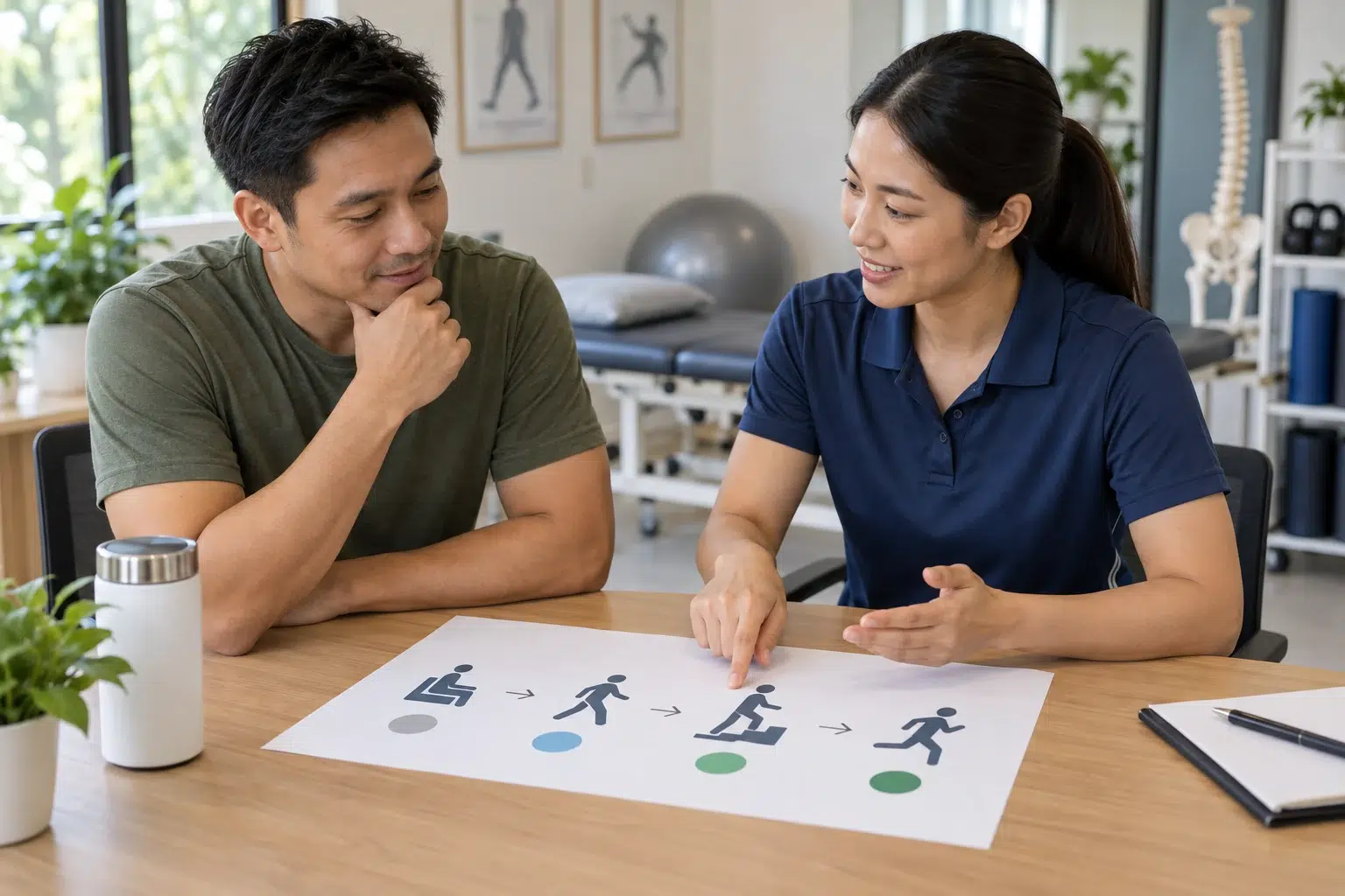 Physiotherapy for Back Pain: Assessment and Recovery 5 A physiotherapist and adult discuss a gradual return-to-activity plan.