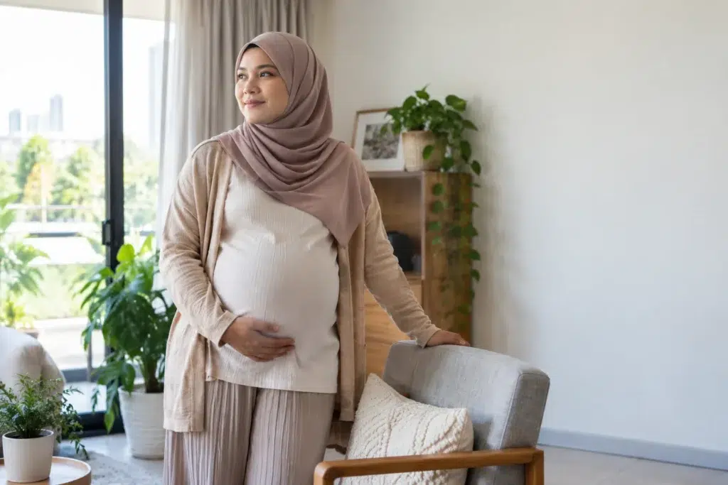 Ibu hamil berdiri dengan selesa di ruang rumah