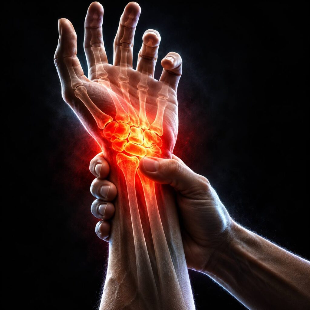 Ilustrasi sakit pergelangan tangan dengan gambaran tulang dan kawasan carpal tunnel