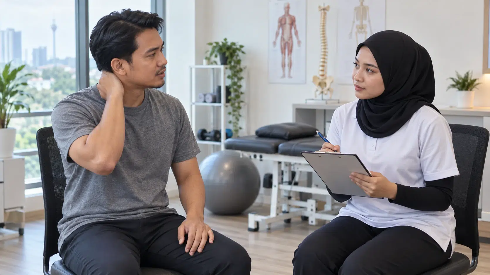 Ahli fisioterapi menyaring simptom sakit leher sebelum memilih pergerakan.