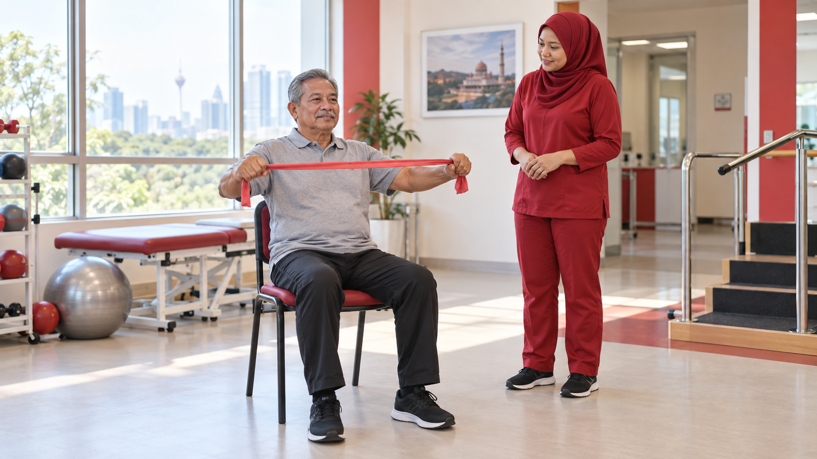 Cardiorespiratory Rehabilitation: Cardiac and Pulmonary Rehab 5 Older man performs a gentle seated resistance-band exercise while a rehabilitation professional observes.