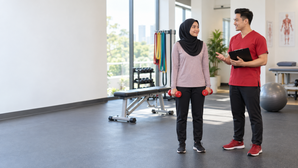Senaman Kekuatan: Panduan Selamat untuk Pemula 58 Wanita memegang dumbbell ringan sambil berbincang dengan fisioterapis di ruang latihan.