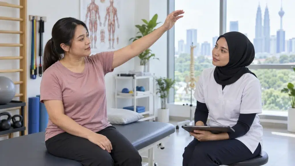 Seorang dewasa berbincang tentang sakit bahu dengan fisioterapis.