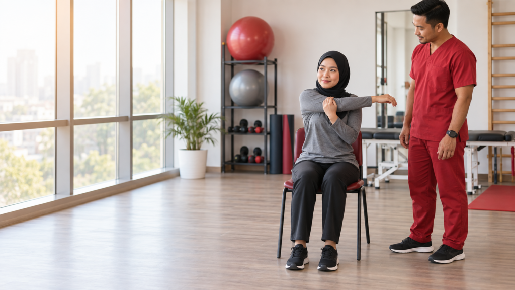 Senaman Regangan: Berapa Lama, Kerap dan Kuat? 57 Wanita melakukan regangan bahu secara duduk sementara petugas rehabilitasi memerhati.