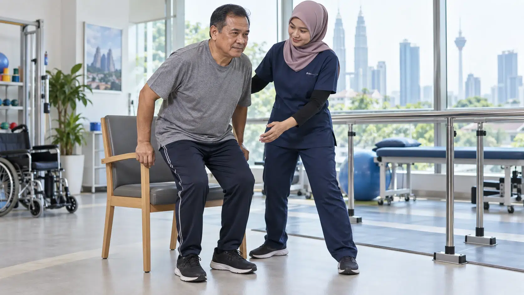 Seorang dewasa selepas strok berlatih bangun dari kerusi dengan pengawasan fisioterapis.