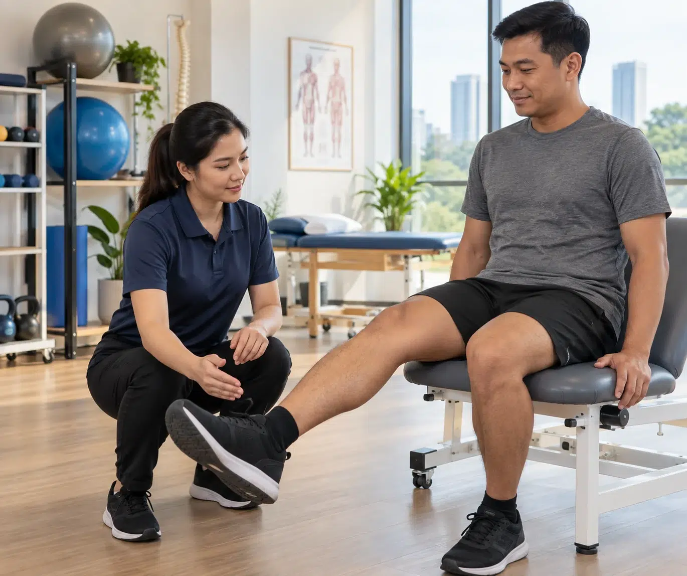 A physiotherapist observes a seated lower-limb movement and strength check.