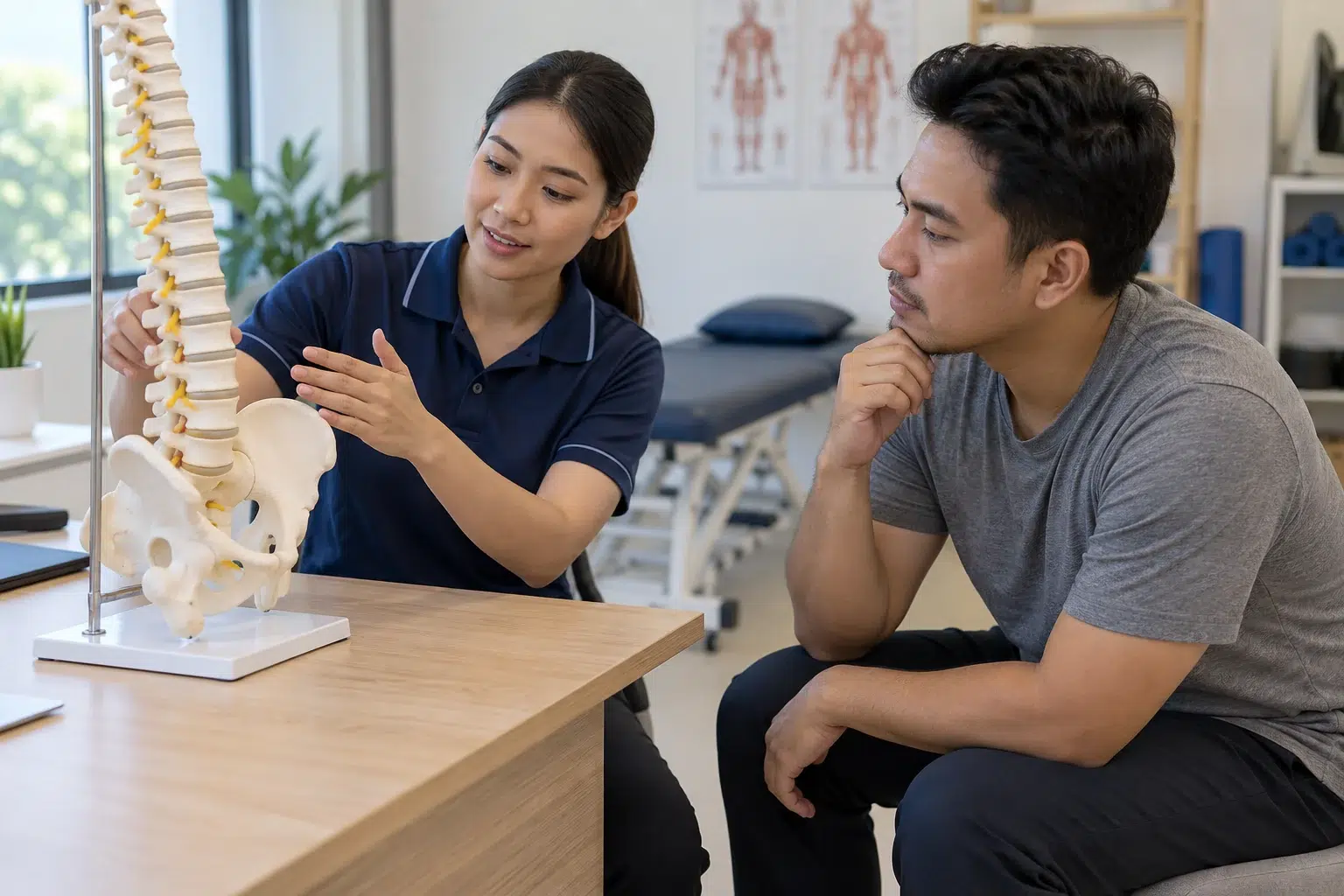 A physiotherapist and adult discuss symptoms using a spine model.