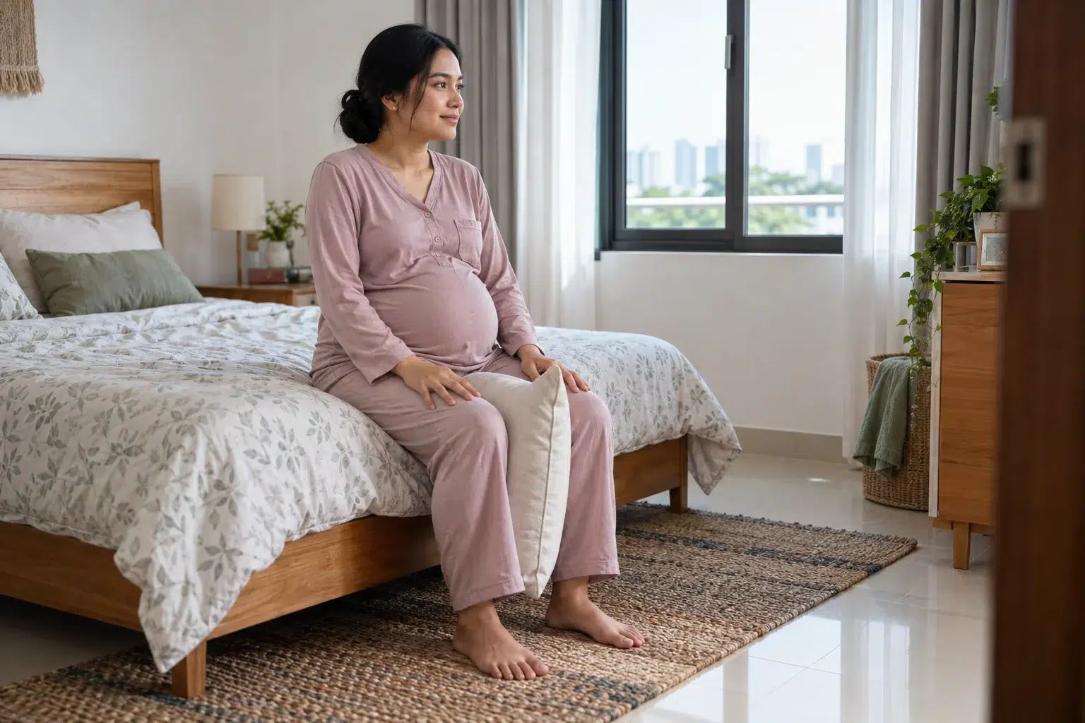 Pelvic Pain vs Sciatica 4 Ibu hamil duduk di tepi katil dengan bantal sebagai sokongan