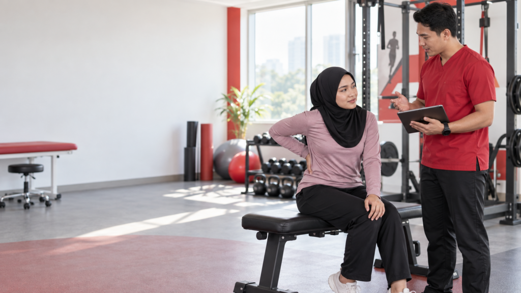 Spondylolysis: Punca, Simptom dan Panduan Pemulihan 41 Atlet muda duduk selepas latihan sambil memegang bahagian pinggang ketika berbincang dengan petugas rehabilitasi.