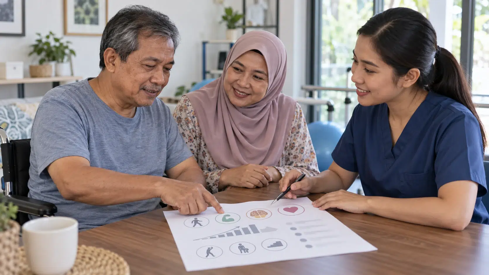 7 Signs Your Mother Needs Physiotherapy: Malaysian Guide 3 Older man, family member and physiotherapist discussing rehabilitation goals at a table