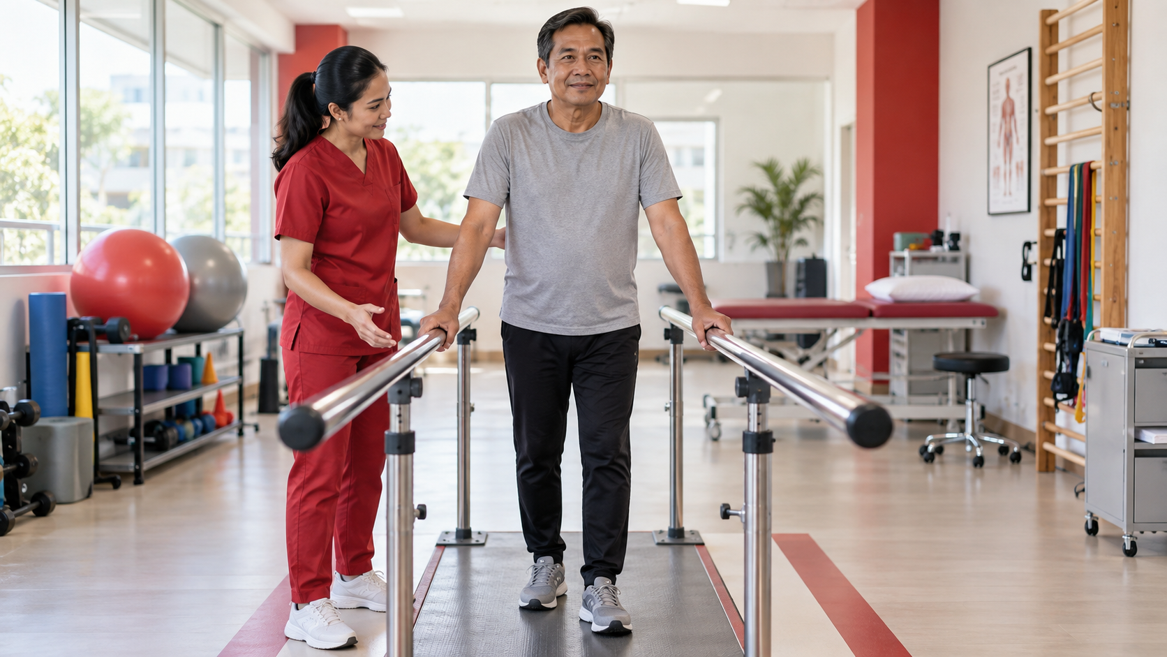 Adult practises supported standing between parallel bars while a rehabilitation professional supervises.
