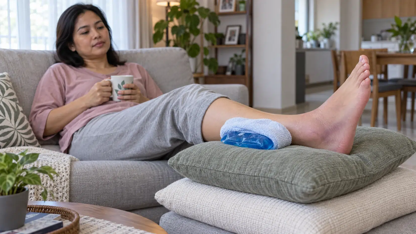 Kaki Terseliuh dan Bengkak: Apa Perlu Buat? 2 Seorang dewasa merehatkan buku lali yang bengkak di atas bantal dengan pek sejuk berbalut kain.