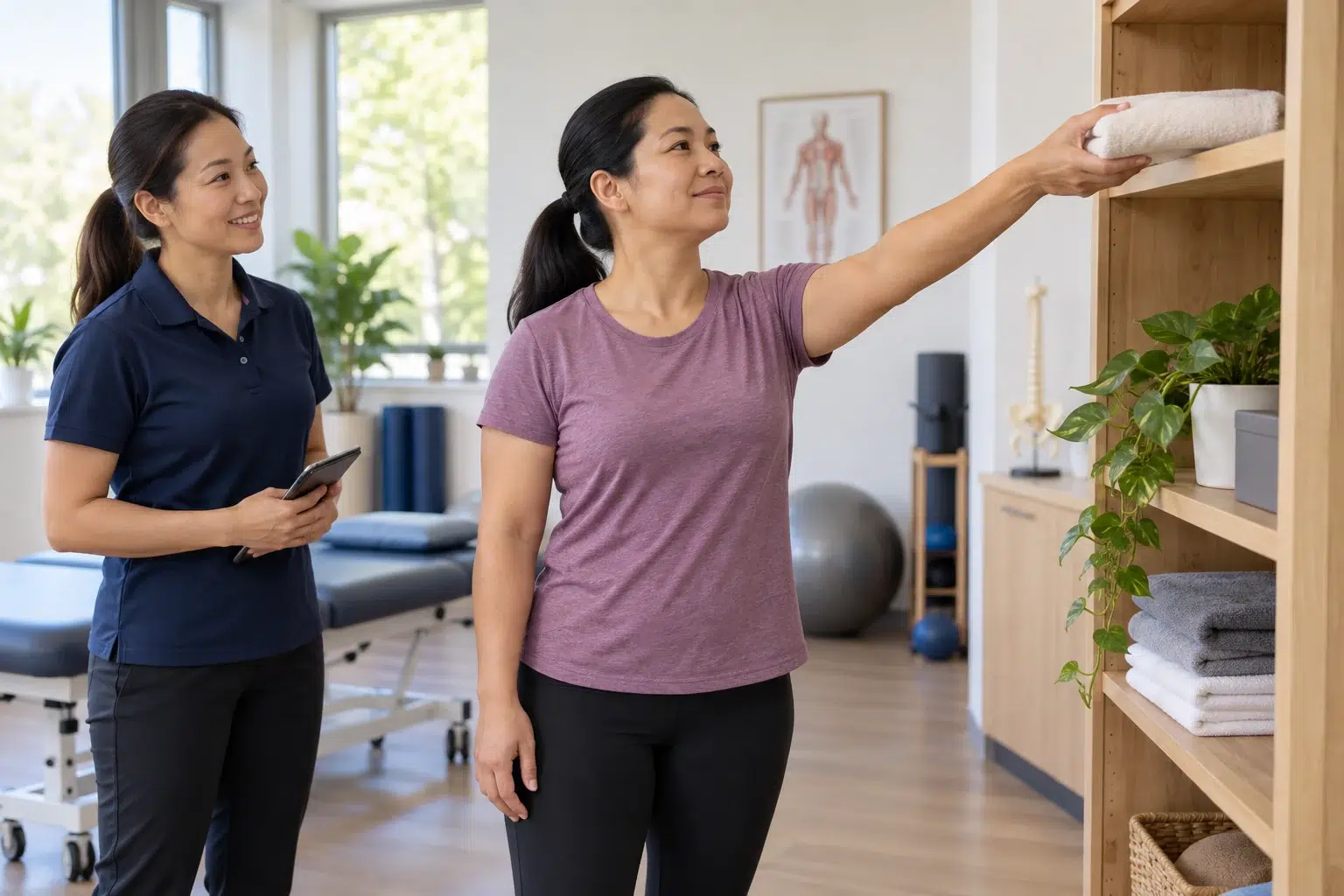 Kecederaan Rotator Cuff: Tanda, Penilaian dan Fisioterapi 3 Seorang dewasa melakukan tugas mencapai tuala ringan dengan pengawasan fisioterapis.