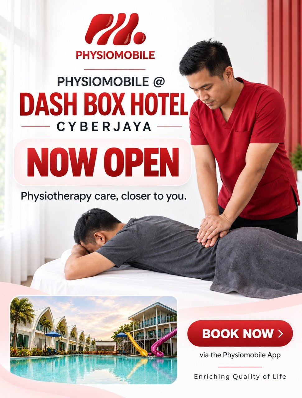 Rehabilitation at dash Box Hotel Cyberjaya 3 Physiomobile at dash Box Hotel Cyberjaya now open announcement poster