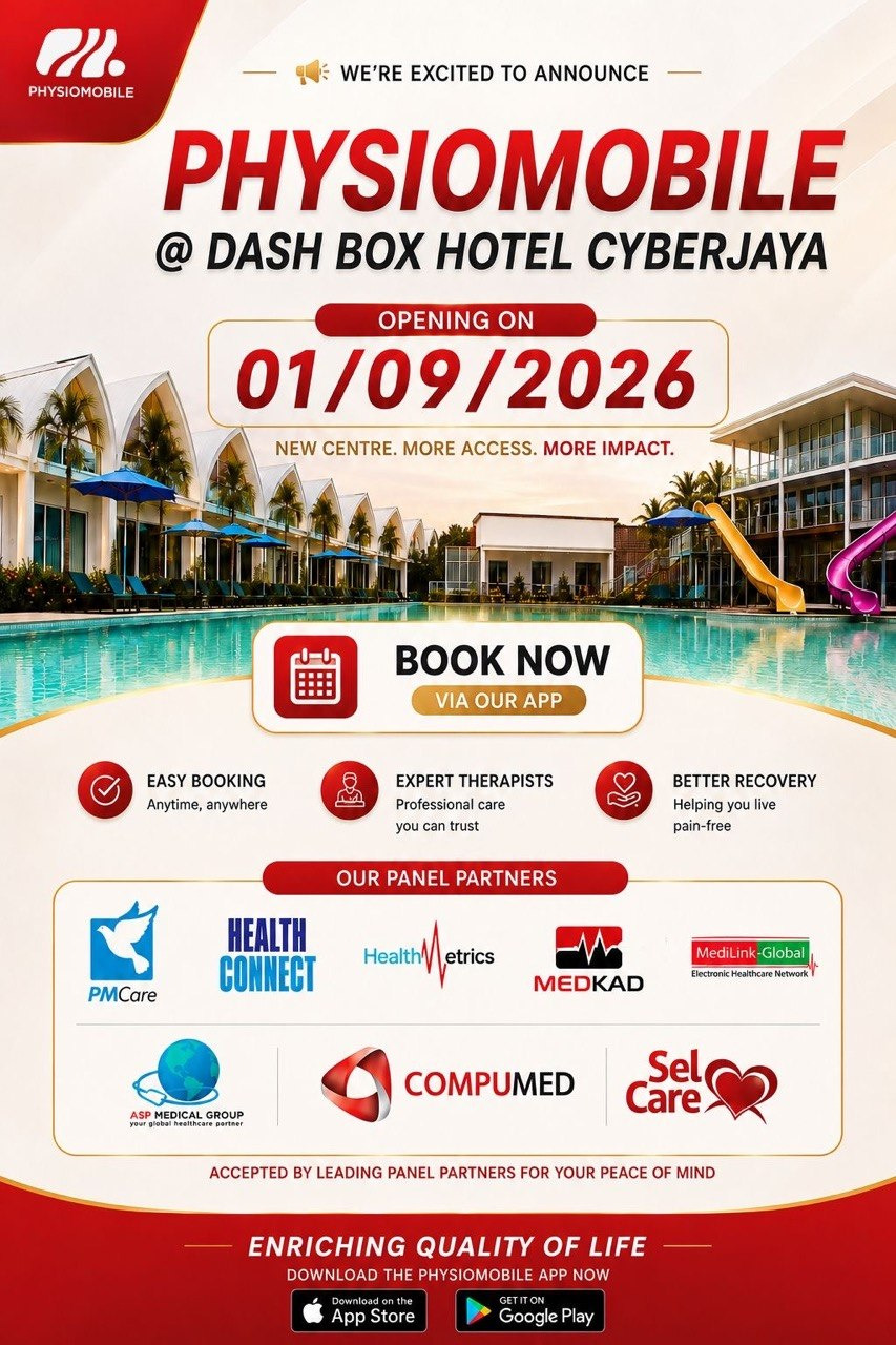 Rehabilitation at dash Box Hotel Cyberjaya 4 Physiomobile at dash Box Hotel Cyberjaya opening announcement for 1 September 2026 with panel partner logos